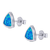 Triangle Stud Earring Created Blue Opal Solid 925 Sterling Silver (10mm)