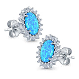 Halo Oval Stud Earrings Lab Created Blue Opal Simulated CZ 925 Sterling Silver (13mm)