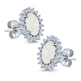 Halo Oval Stud Earrings Lab Created White Opal Simulated CZ 925 Sterling Silver (13mm)