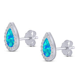 Halo Pear Stud Earring Simulated Cubic Zirconia Created Blue Opal Solid 925 Sterling Silver (11mm)
