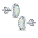 Halo Oval Stud Earrings Lab Created White Opal Simulated CZ 925 Sterling Silver (11mm)