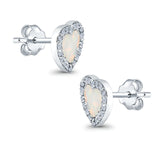Halo Heart Stud Earrings Lab Created White Opal 925 Sterling Silver (15mm)