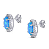 Halo Art Deco Oval Stud Earring Simulated Cubic Zirconia Created Blue Opal Solid 925 Sterling Silver (15mm)