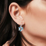 Drop Dangle Jewish Star Earrings Lab Created Blue Opal 925 Sterling Silver (14mm)