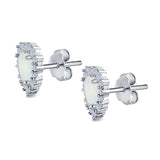 Halo Art Deco Heart Stud Earrings Lab Created White Opal Simulated CZ 925 Sterling Silver (12mm)