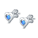 Heart Stud Earrings Round Lab Created Blue Opal 925 Sterling Silver
