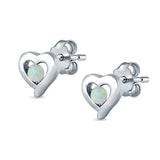 Heart Stud Earrings Round Lab Created White Opal 925 Sterling Silver