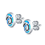 Spiral Swirl Stud Earrings Round Lab Created Blue Opal 925 Sterling Silver