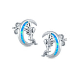 Moon & Angel Stud Earrings Lab Created Blue Opal 925 Sterling Silver (10.5mm)