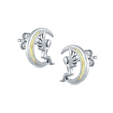 Moon & Angel Stud Earrings Lab Created White Opal 925 Sterling Silver (10.5mm)