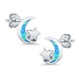 Moon & Star Stud Earrings Lab Created Blue Opal 925 Sterling Silver (8mm)