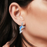 Dolphin Stud Earrings Lab Created Blue Opal 925 Sterling Silver (23mm)