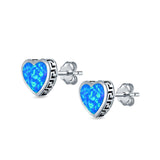Heart Stud Earrings Lab Created Blue Opal 925 Sterling Silver (11mm)