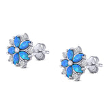 Flower Stud Earring Simulated Cubic Zirconia Created Blue Opal Solid 925 Sterling Silver (9mm)