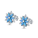 Flower Stud Earrings Lab Created Blue Opal Simulated CZ 925 Sterling Silver (12mm)