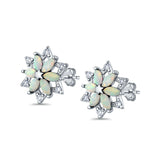 Flower Stud Earrings Lab Created White Opal Simulated CZ 925 Sterling Silver (12mm)