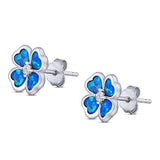 Plumeria Stud Earring Simulated Cubic Zirconia Created Blue Opal Solid 925 Sterling Silver (9mm)