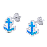 Anchor Stud Earring Lab Created Blue Opal Solid 925 Sterling Silver (9mm)