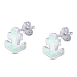 Anchor Stud Earring Lab Created White Opal Solid 925 Sterling Silver (9mm)