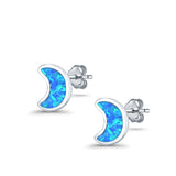 Moon Stud Earrings Lab Created Blue Opal 925 Sterling Silver (14mm)