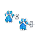 Paw Prints Stud Earrings Lab Created Blue Opal 925 Sterling Silver (10mm)