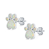 Paw Prints Stud Earrings Lab Created White Opal 925 Sterling Silver (10mm)