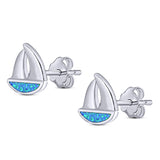 Sail Boat Stud Earring Created Blue Opal Solid 925 Sterling Silver (9mm)