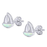 Sail Boat Stud Earring Created White Opal Solid 925 Sterling Silver (9mm)