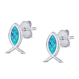 Fish Stud Earring Created Blue Opal Solid 925 Sterling Silver (8.6mm)