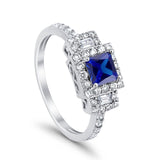 Halo Wedding Ring Baguette Simulated Blue Sapphire CZ 925 Sterling Silver