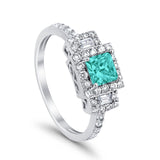 Halo Wedding Ring Baguette Simulated Paraiba Tourmaline CZ 925 Sterling Silver