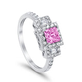 Halo Wedding Ring Baguette Simulated Pink CZ 925 Sterling Silver
