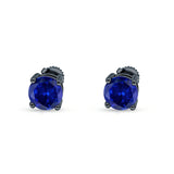 Solitaire Stud Earring Blue Sapphire CZ Black Tone 925 Sterling Silver Wholesale