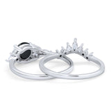 Two Piece Wedding Ring Round Simulated Black CZ 925 Sterling Silver