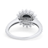 Halo Starburst Flower Wedding Ring Simulated Black CZ 925 Sterling Silver