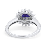 Halo Starburst Flower Wedding Ring Simulated Blue Sapphire CZ 925 Sterling Silver