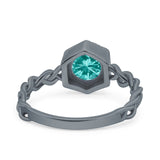 Art Deco Engagement Ring Hexagon Round Black Tone, Simulated Paraiba Tourmaline CZ 925 Sterling Silver
