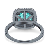 Halo Art Deco Cushion Cut Wedding Ring Black Tone, Simulated Paraiba Tourmaline CZ 925 Sterling Silver