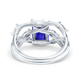 Two Piece Art Deco Emerald Cut Wedding Bridal Ring Simulated Blue Sapphire CZ 925 Sterling Silver