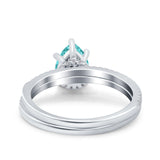 Two Piece Art Deco Pear Engagement Bridal Ring Band Simulated Paraiba Tourmaline CZ 925 Sterling Silver