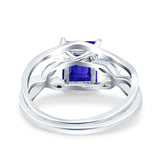 Two Piece Art Deco Emerald Cut Wedding Ring Simulated Blue Sapphire CZ 925 Sterling Silver