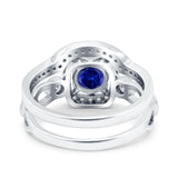 Two Piece Art Deco Wedding Ring Band Round Simulated Blue Sapphire CZ 925 Sterling Silver