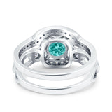 Two Piece Art Deco Wedding Ring Band Round Simulated Paraiba Tourmaline CZ 925 Sterling Silver