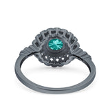 Halo Art Deco Wedding Ring Round Black Tone, Simulated Paraiba Tourmaline CZ 925 Sterling Silver