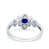 Halo Cluster Floral Wedding Ring Round Simulated Blue Sapphire CZ 925 Sterling Silver