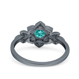 Halo Cluster Floral Wedding Ring Round Black Tone, Simulated Paraiba Tourmaline CZ 925 Sterling Silver