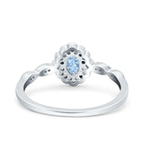 Halo Vintage Floral Art Deco Wedding Ring Oval Simulated Aquamarine CZ 925 Sterling Silver