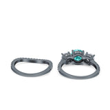 Three Stone Art Deco Wedding Piece Ring Round Black Tone, Simulated Paraiba Tourmaline CZ 925 Sterling Silver
