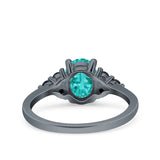 Art Deco Oval Wedding Bridal Ring Black Round Black Tone, Simulated Paraiba Tourmaline CZ 925 Sterling Silver