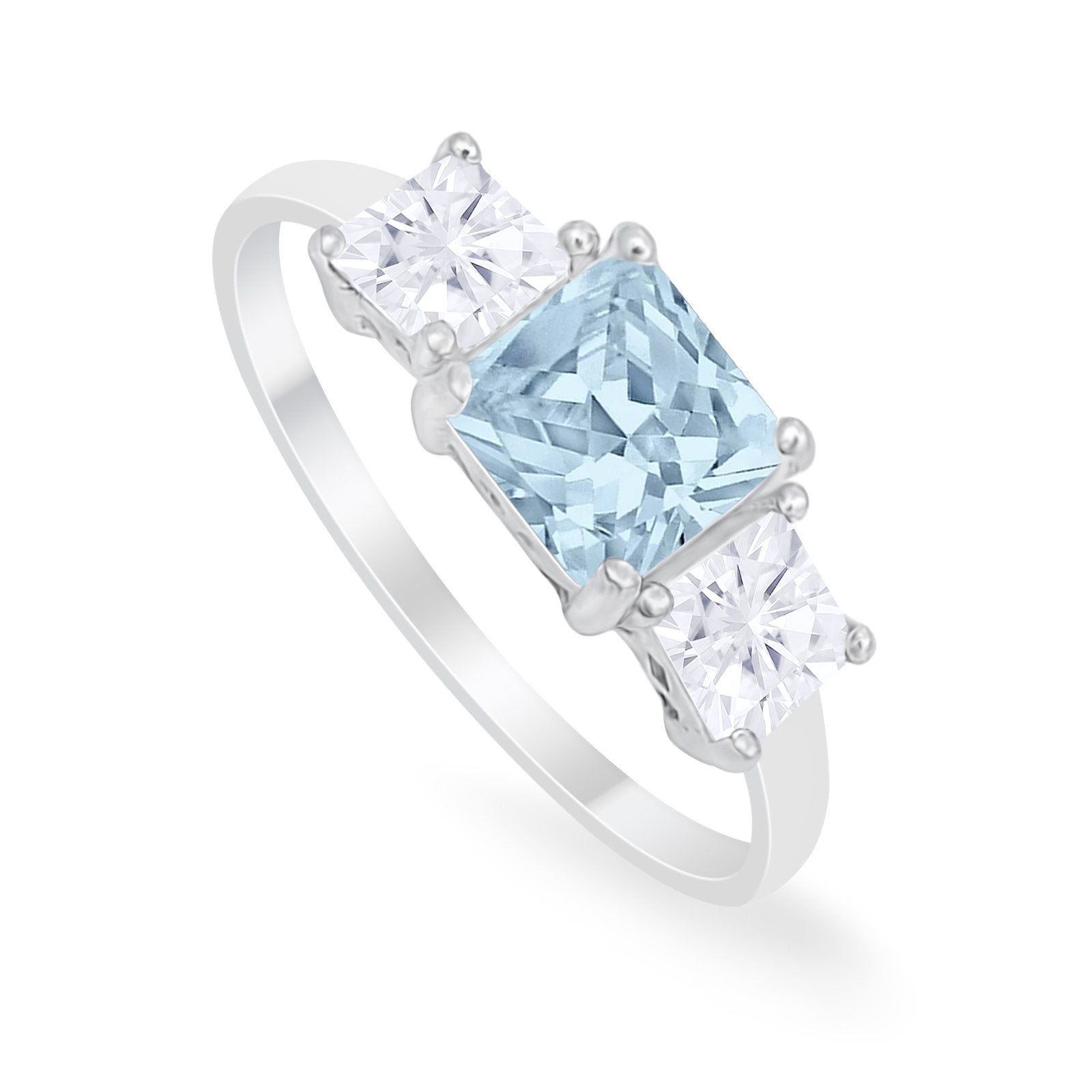 3 Stone Wedding Ring Princess Cut Simulated Aquamarine CZ 925 Sterling Silver